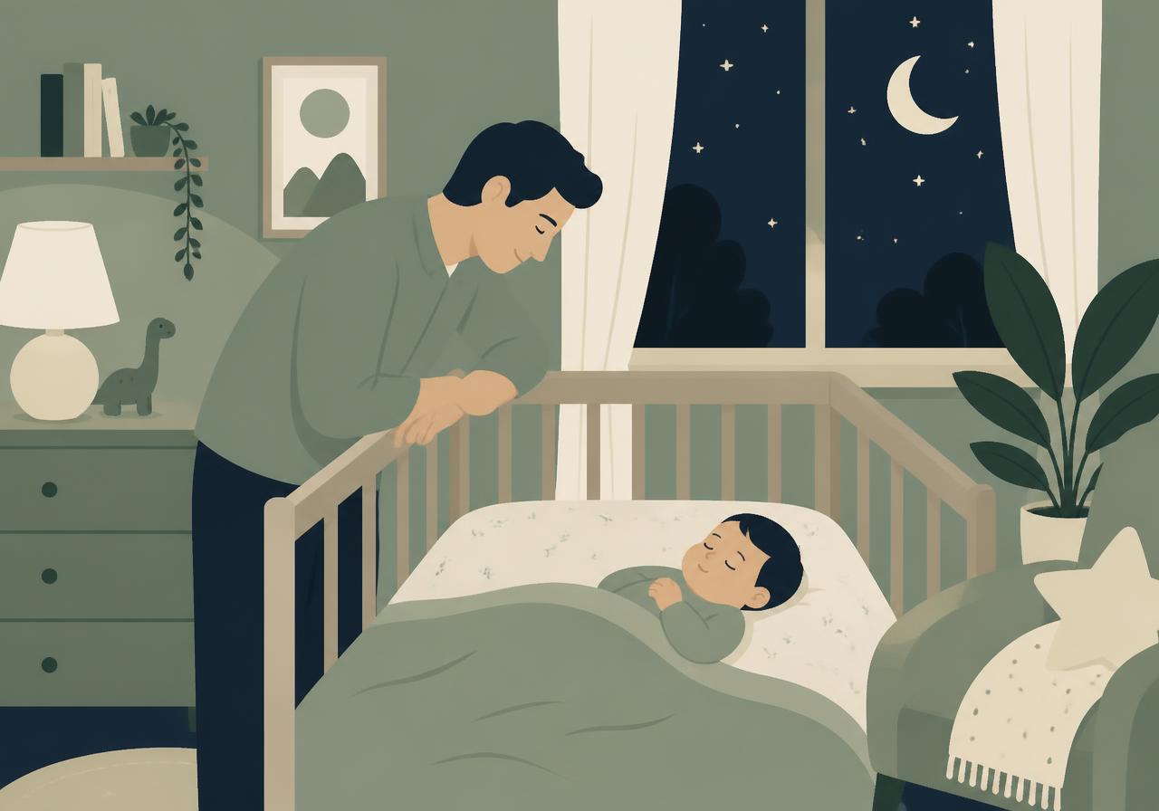 A parent leaning over a crib at night while the baby sleeps