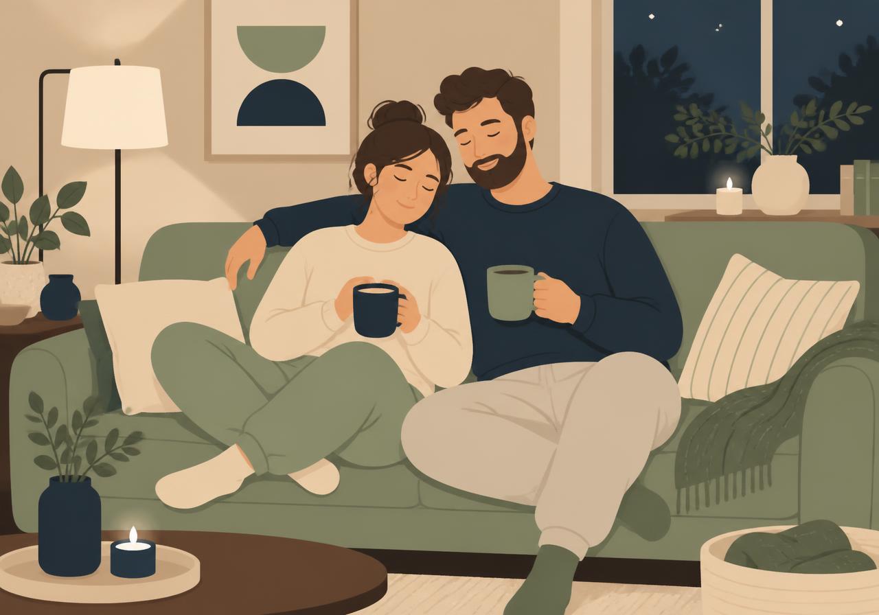 Two parents relaxing on the sofa with warm drinks in the evening
